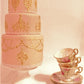 Tea Party themed tiered cake using Chandelier Cake Stencil Side Set by Designer Stencils in pink and gold