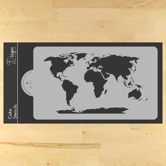World Map Cake Stencil by Designer Stencils in packaging
