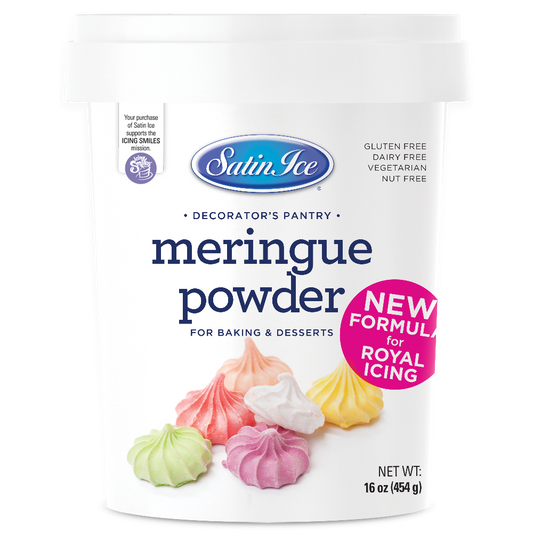 Satin Ice Meringue Powder is the available now in a 16 oz pail! This is great for adding to royal icing for a great finish!