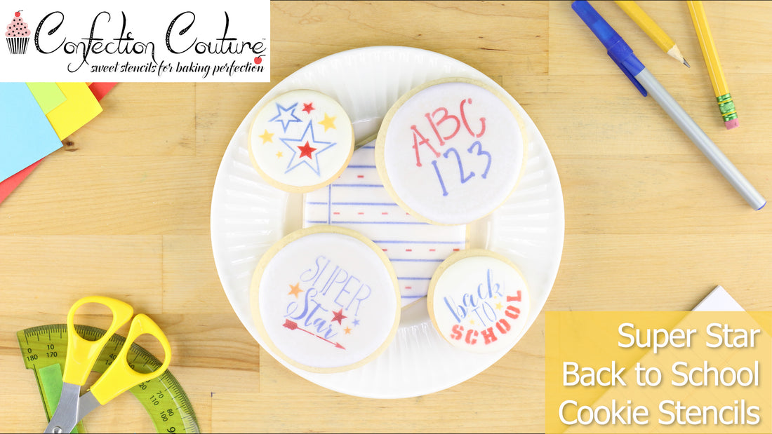 Cookies decorated with Super Star Back to School Cookie Stencils surrounded by school supplies.