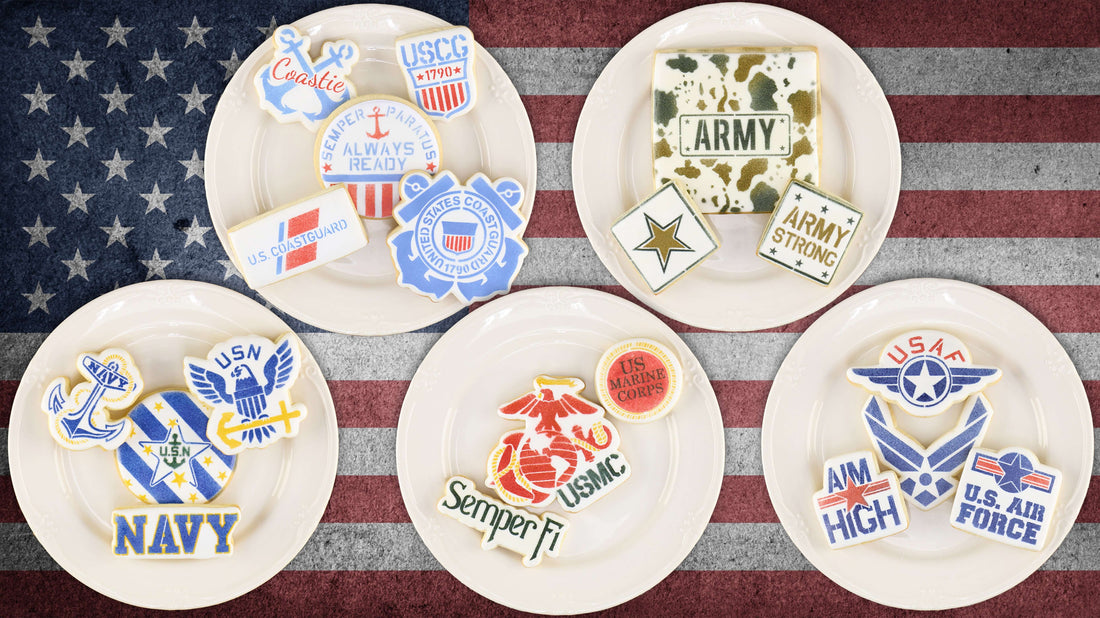 Military Appreciation Cookie Stencils with Matching Cookie Cutters from Confection Couture