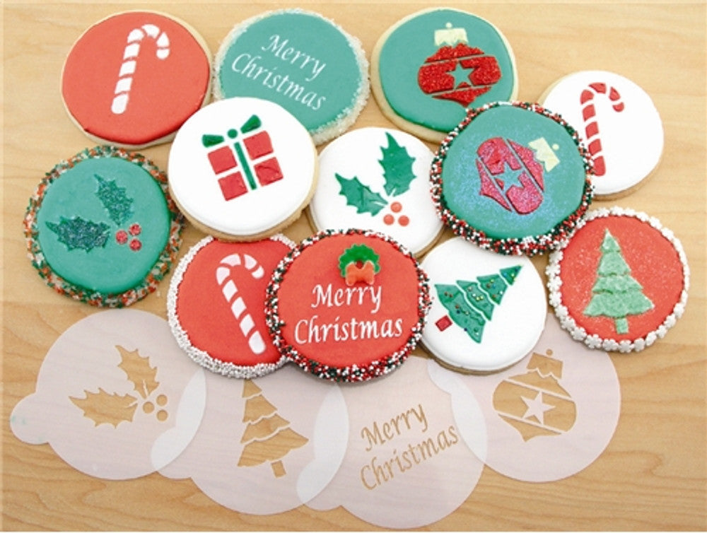 Cookies decorated with holiday cookie and cupcake stencils