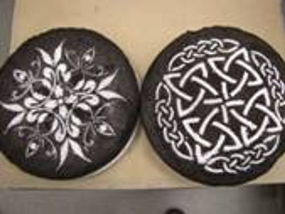 Celtic Cakes Stenciled with powder sugar using the Celtic Top 1 by Designer Stencils