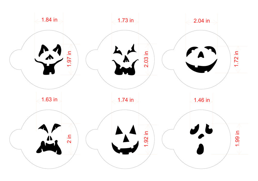 Jack-O-Lantern Halloween Faces Round Cookie Stencil Set by Designer Stencils measurement specifications