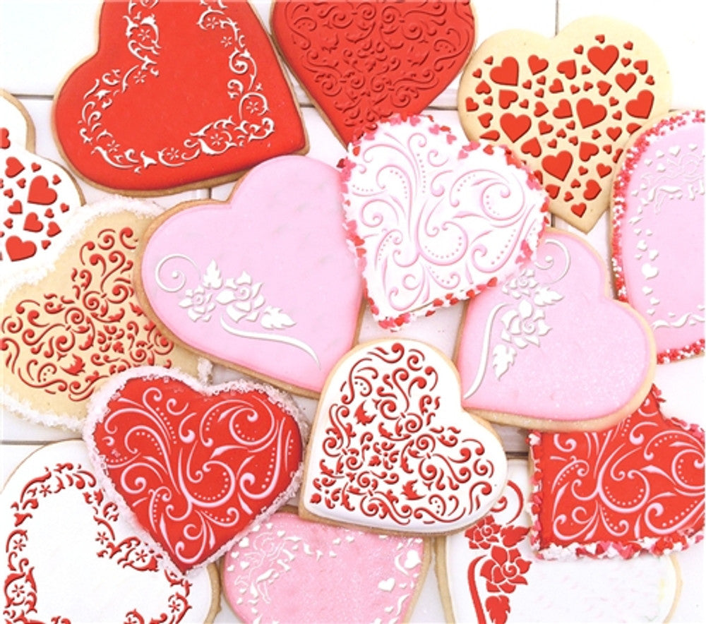 Cookies decorated for Valentine's Day using Contemporary Hearts Cookie Stencil Set by Designer Stencils