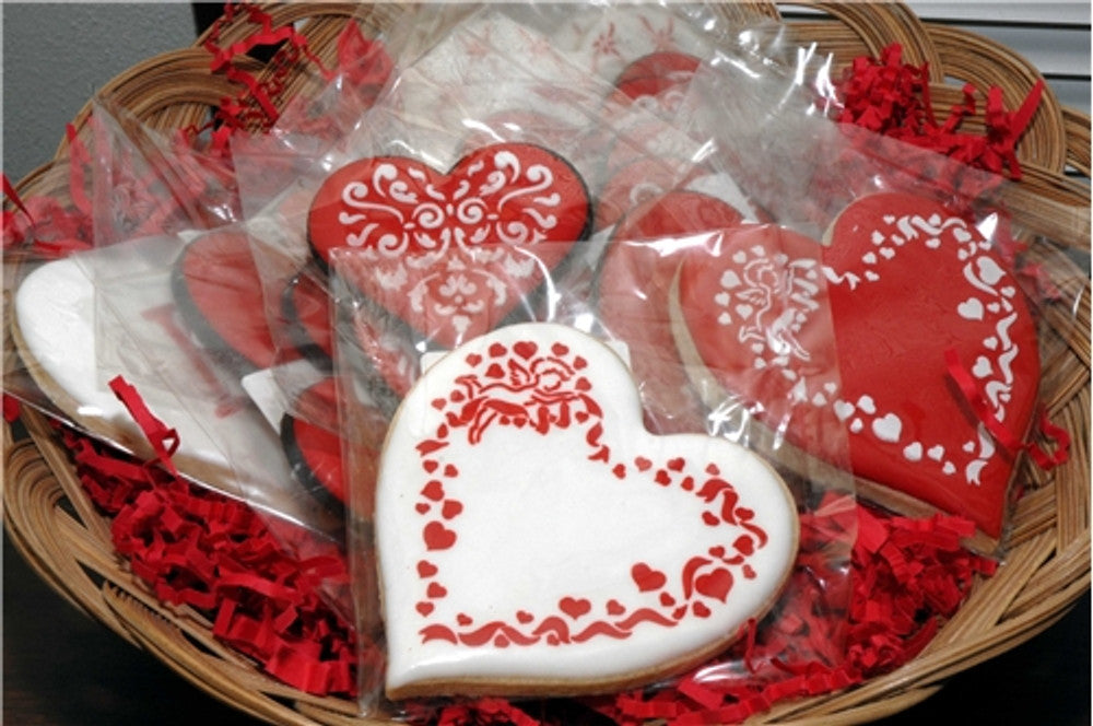 Decorated cookies using Swirl Valentine Heart Cookie Stencil Set by Designer Stencils