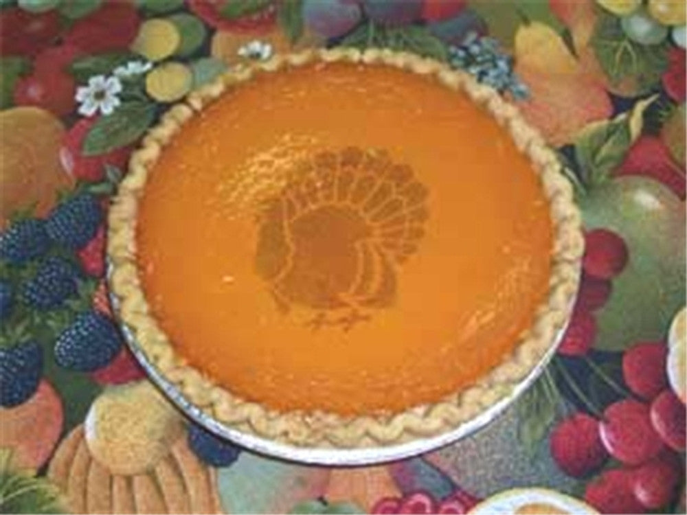 Thanksgiving Turkey stencil applied to a pumpkin pie then baked