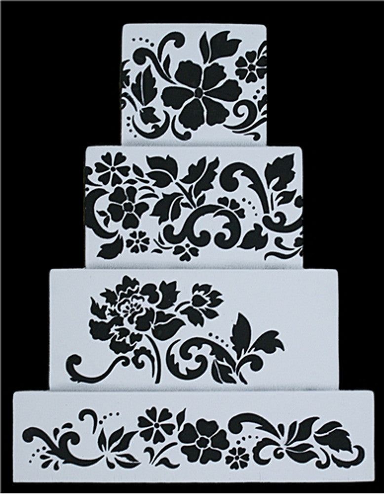 Wedding cake decorated with Floral Explosion Cake Side Stencil 4 PC Set by Designer Stencils