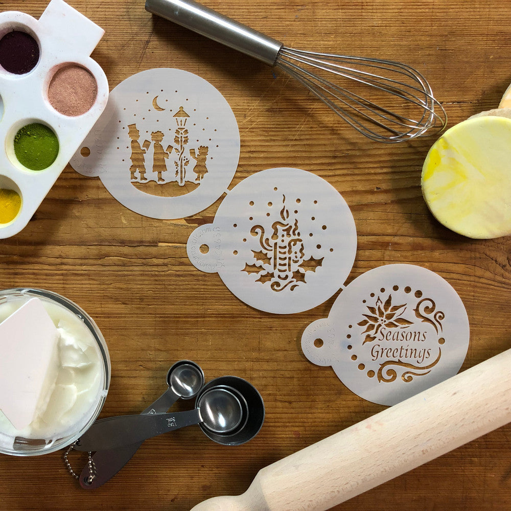 Season's Greetings Round Stencil for Cookies by Designer Stencils Confection Couture Stencils