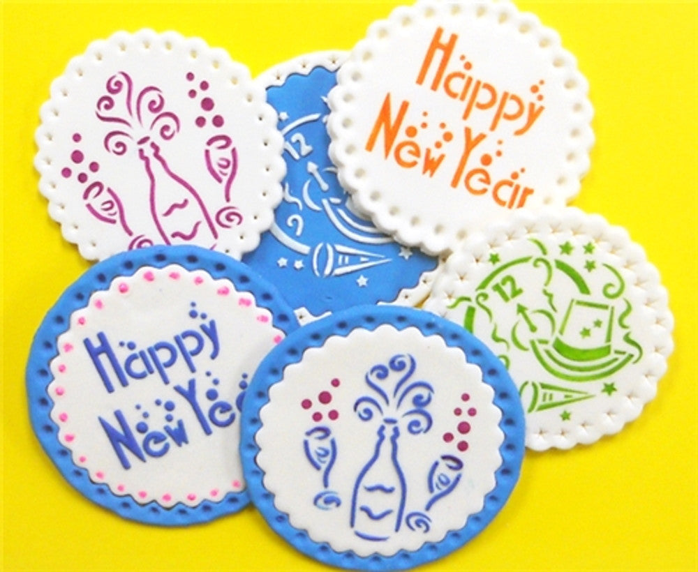 Example of how the Happy New Year Cookie Round Stencil Set by Designer Stencils will look on cookies