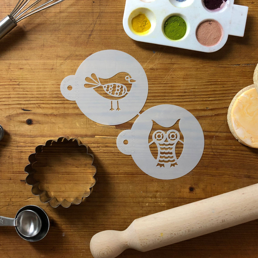 Retro Owl and Bird Round Cookie Stencil Set by Designer Stencils