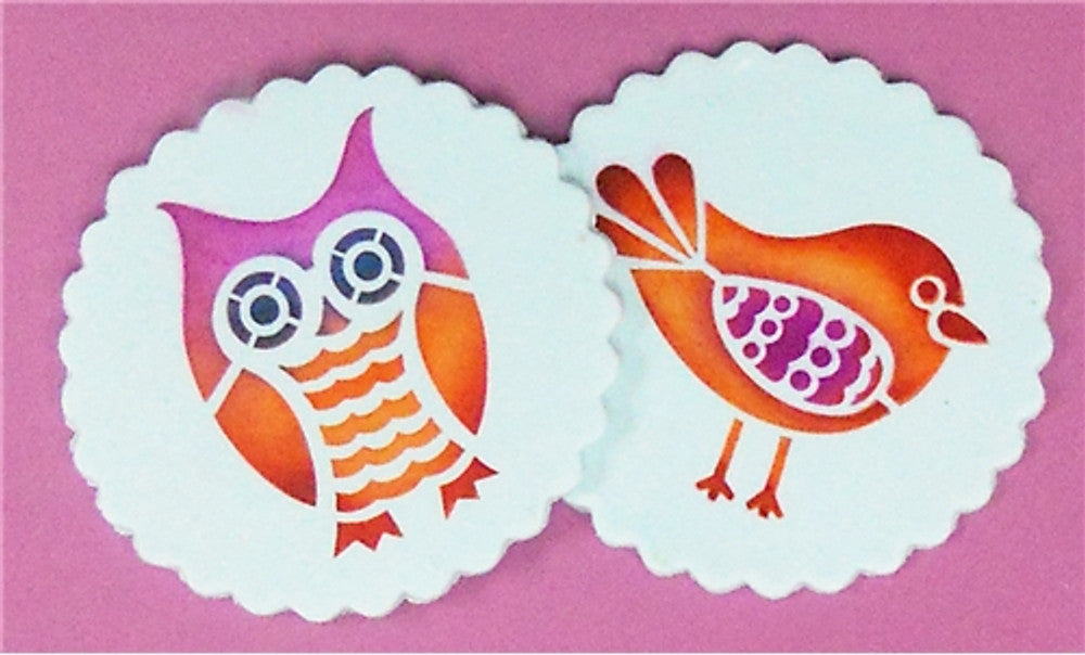 Retro Owl and Bird Round Cookie Stencil Set by Designer Stencils Cookies