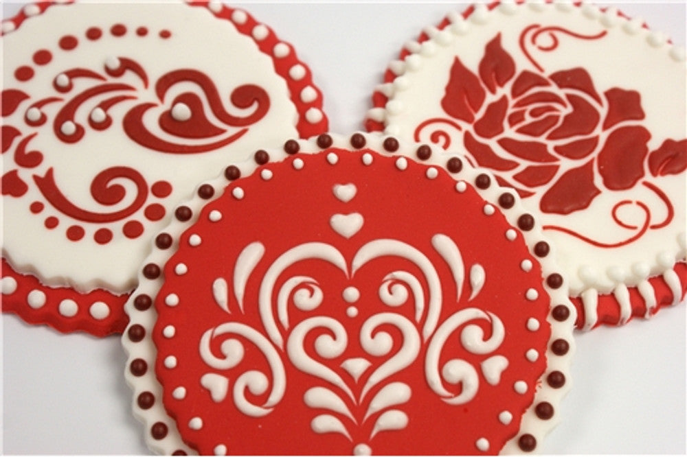 Decorated Cookies using the Amore Round Cookie Stencil Set by Designer Stencils