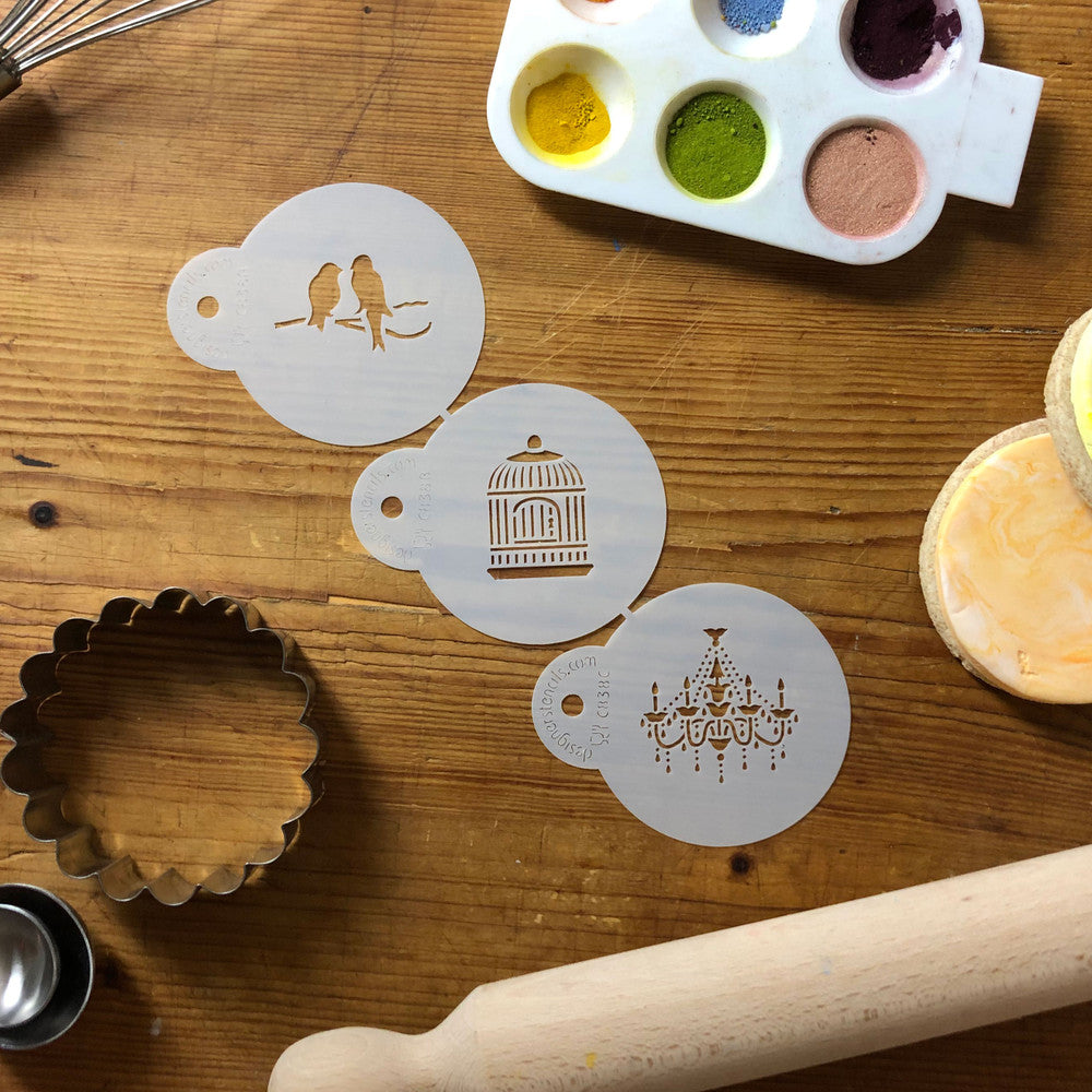 Mini Love Birds and Chandelier Round Cookie Stencil Set by Designer Stencils