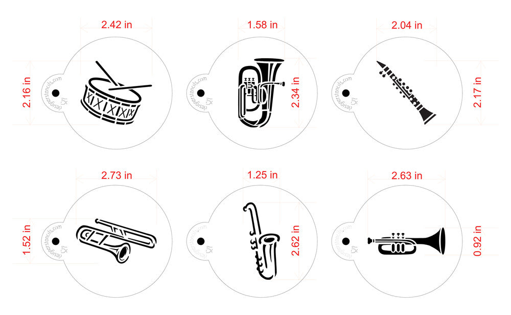 Musical Instruments Round Cookie Stencil Set by Designer Stencils with measurements