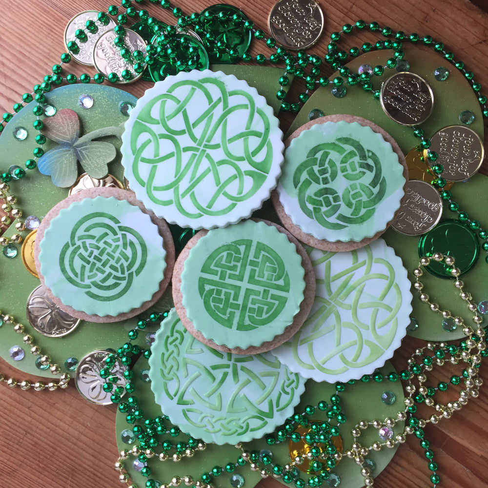 Cookies and Cakes decorated using Celtic Medallions Round Cookie Stencil Set by Designer Stencils
