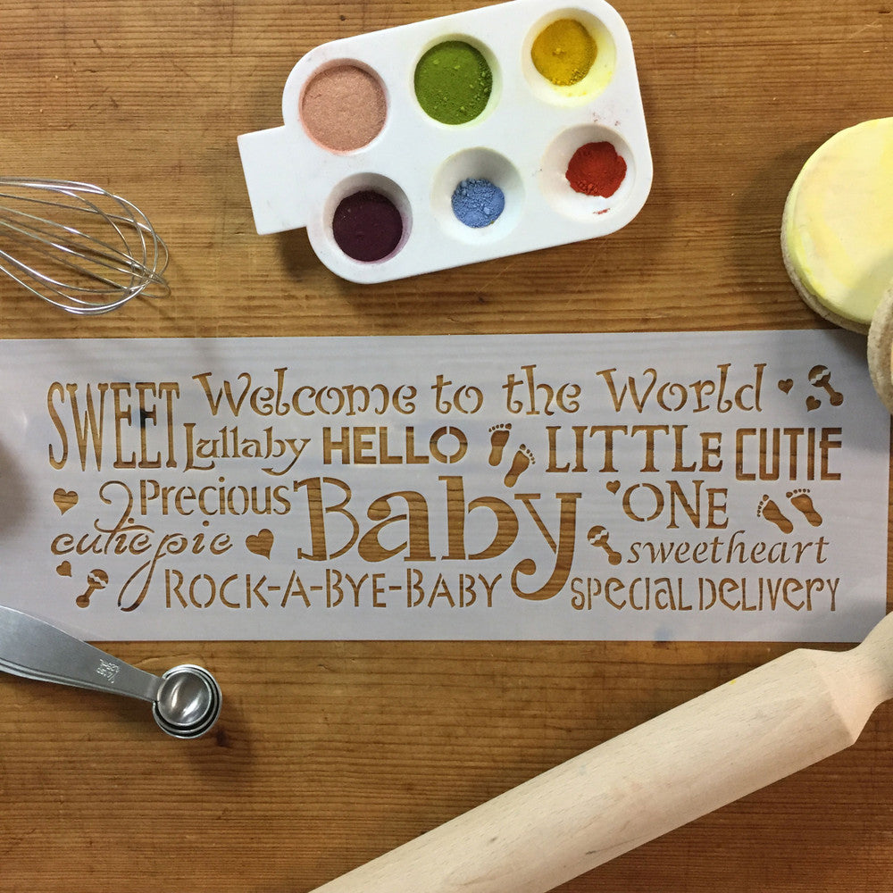 Hello Baby Words Cake Stencil Side by Designer Stencils