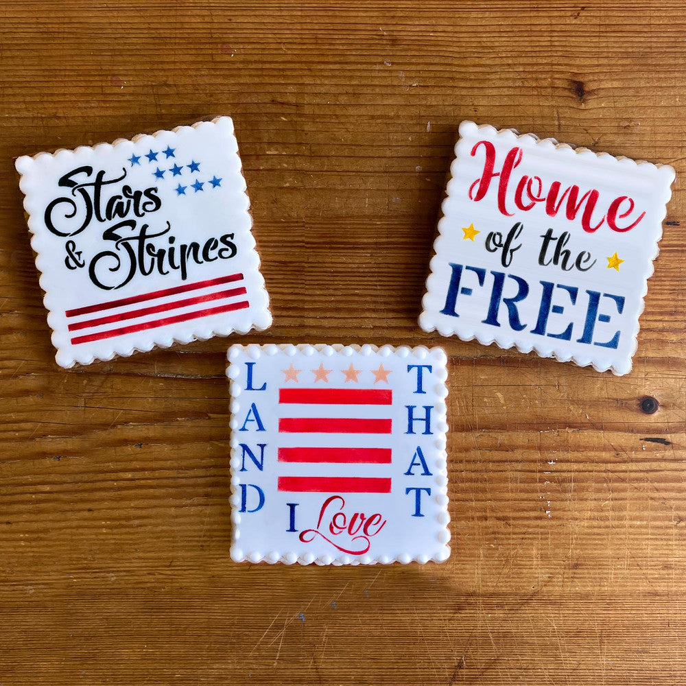 Stars and Stripes Lettering Cookie Stencil by Designer Stencils Cookies
