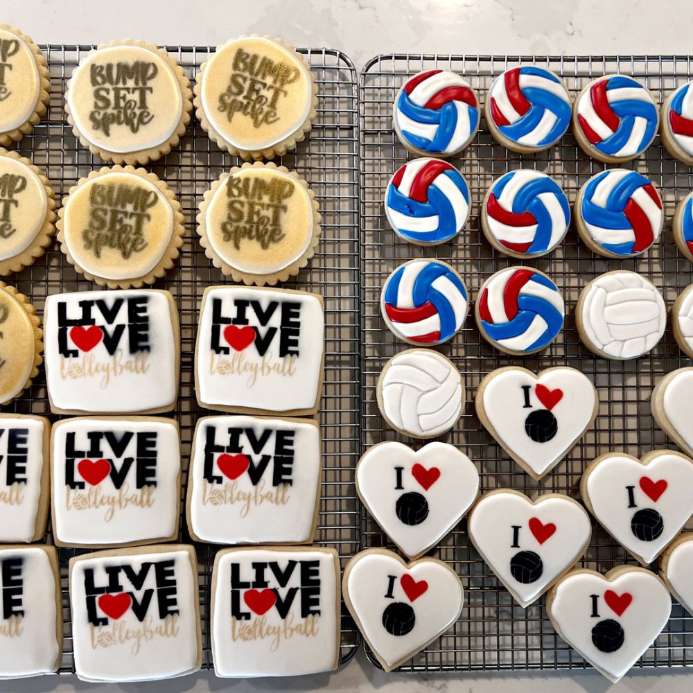 Volleyball Cookies decorated with volleyball cookie stencils