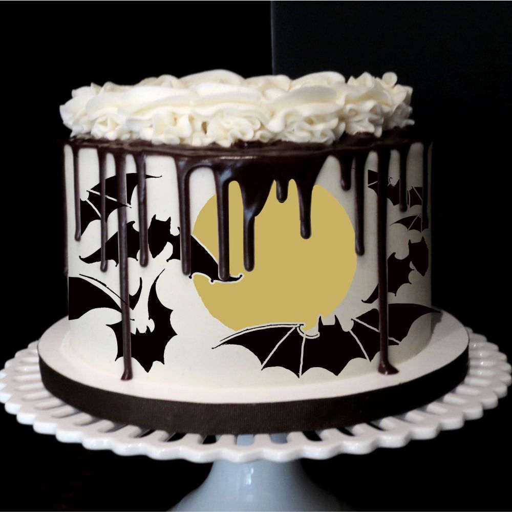 Halloween Cake decorated with halloween cake stencils and chocolate drip