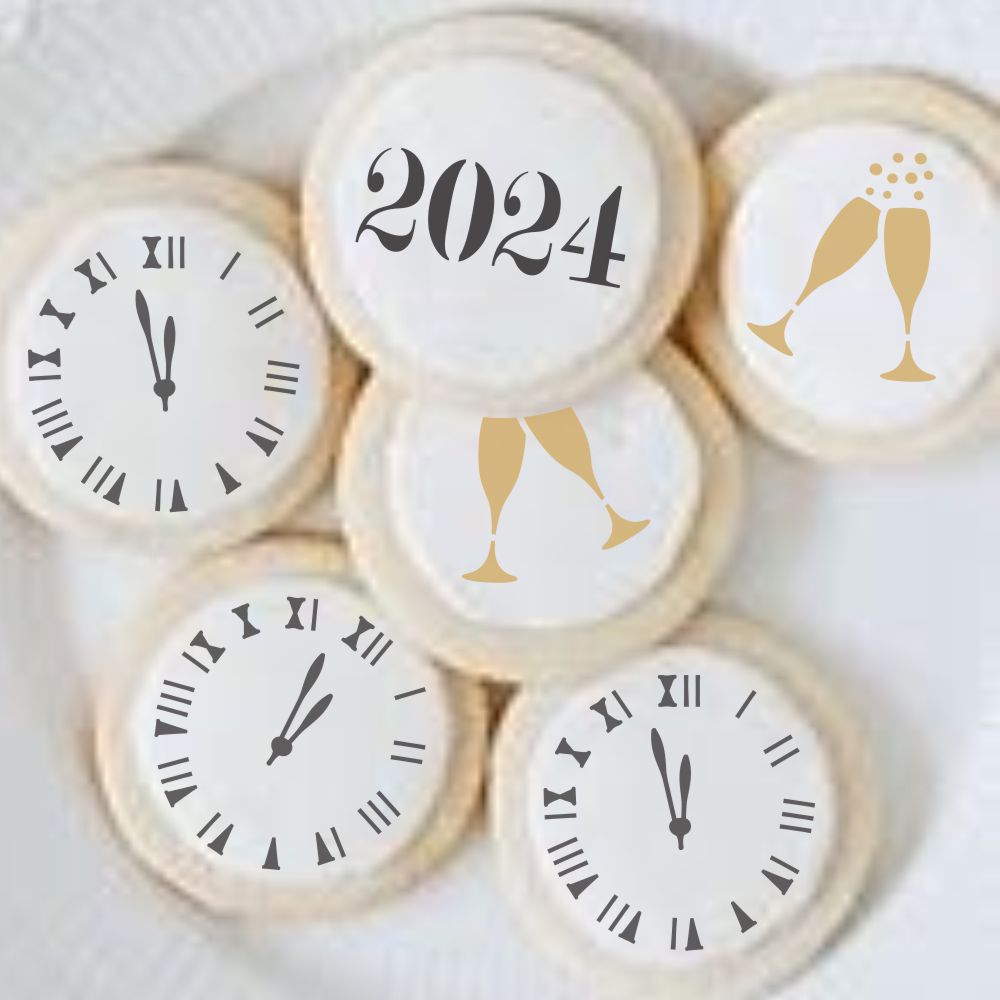 New Years Eve Cookies for 2024 using cookie stencils from confection couture stencils.
