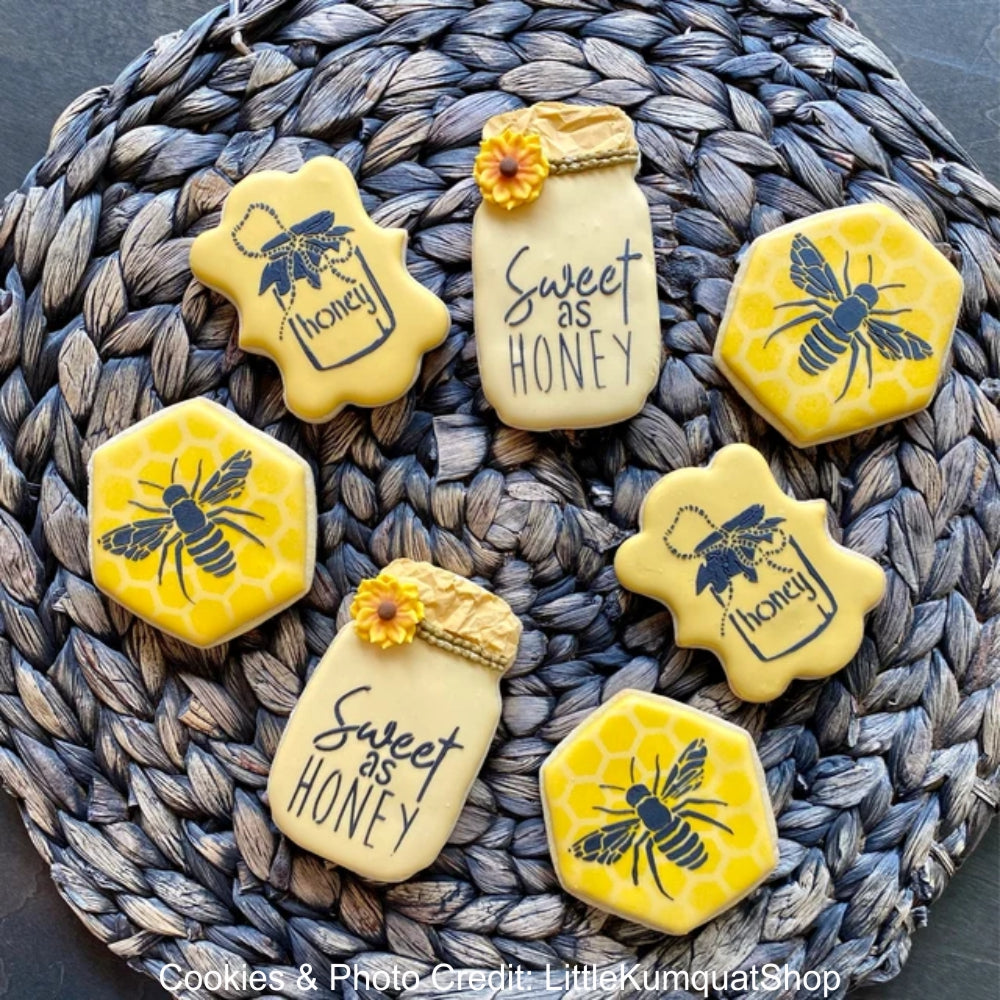 LittleKumquatShop cookies using vintage style honey bee cookie stencil