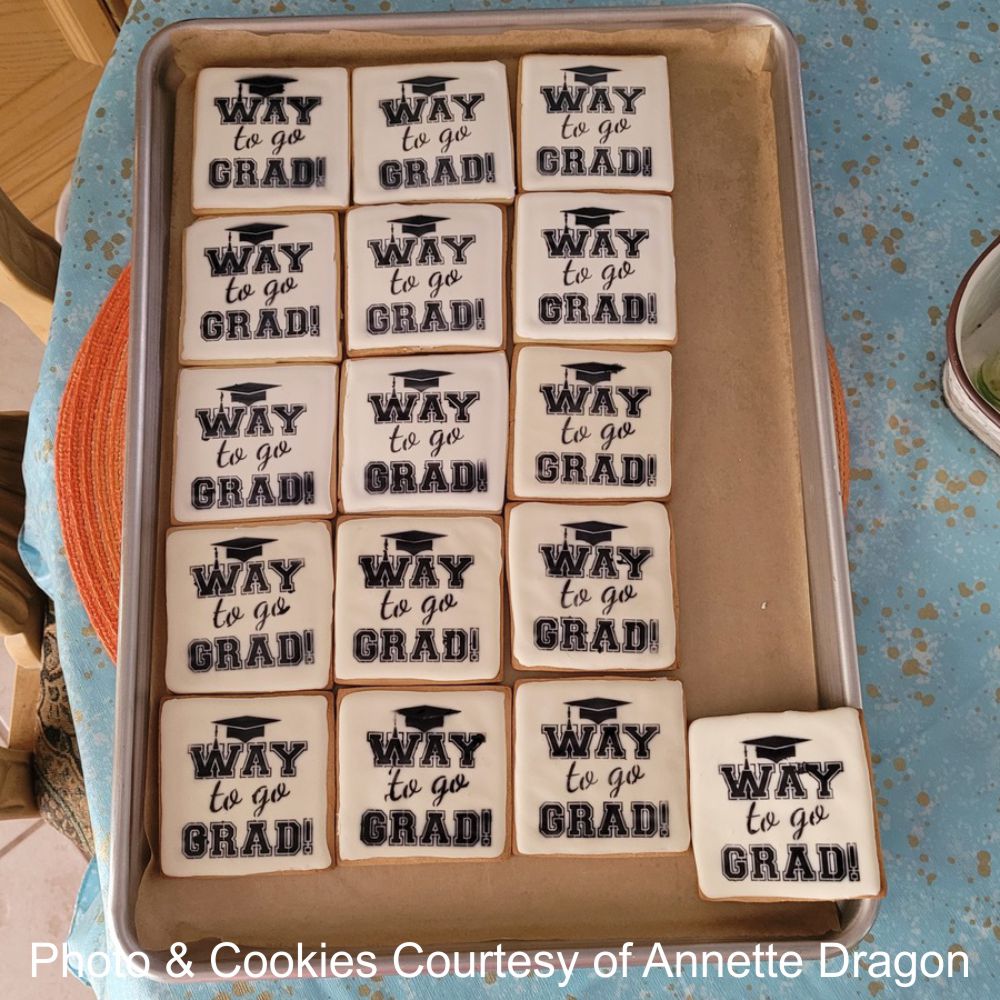 way to go grad cookie stencil iced onto square cookies by Annette Dragon