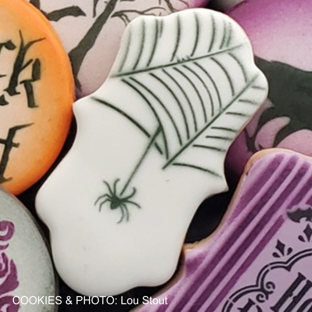Web of Spiders Cookie Stencil airbrushed on cookies by Lou Stout