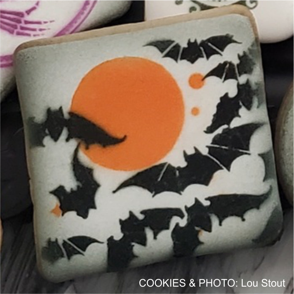 Halloween cookies airbrushed with Full Moon and Bats Halloween Cookie Stencil by Lou Stout