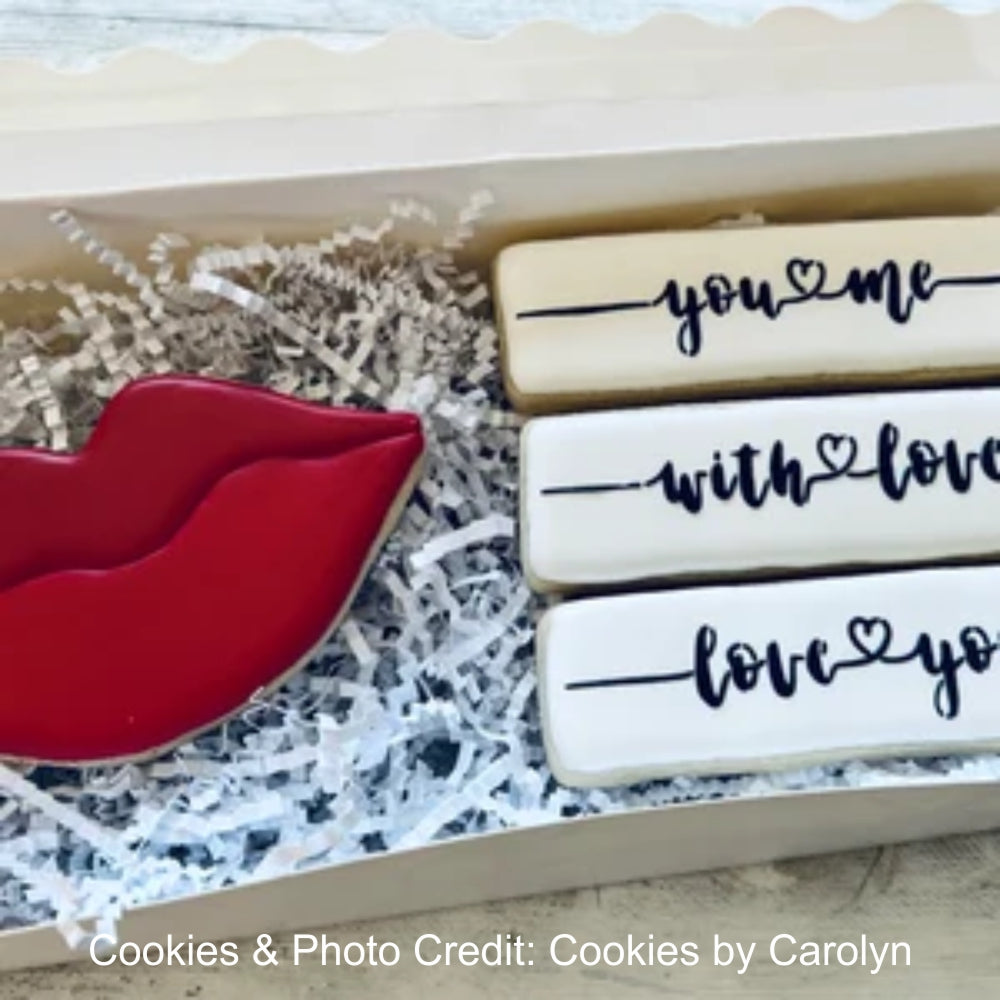 Valentine's Cookies by Cookies by Carolyn iced with Love Script Cookie Stencil