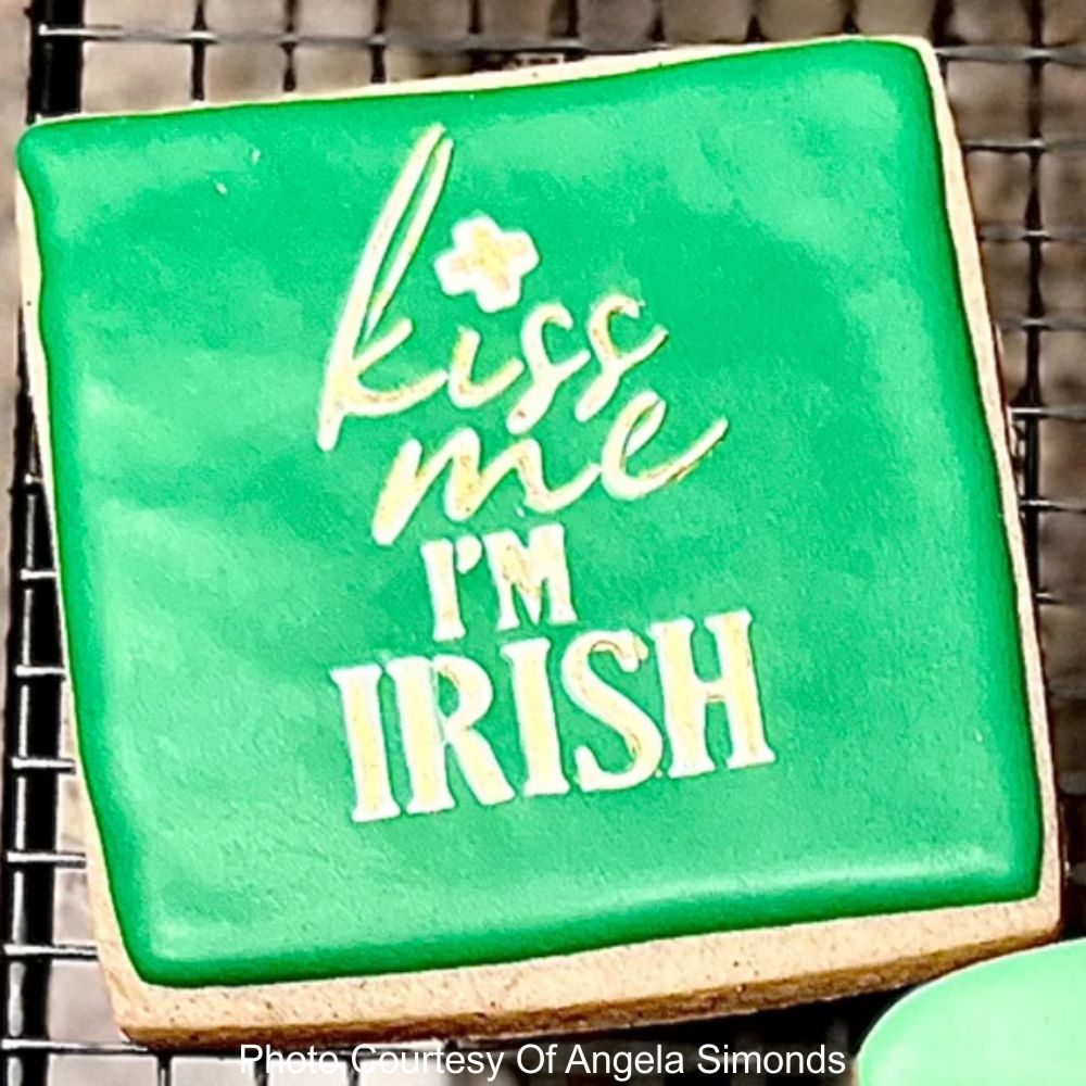 St. Patrick's Day Cookies Iced and stenciled with cookie stencil from Confection Couture by Angel Simonds