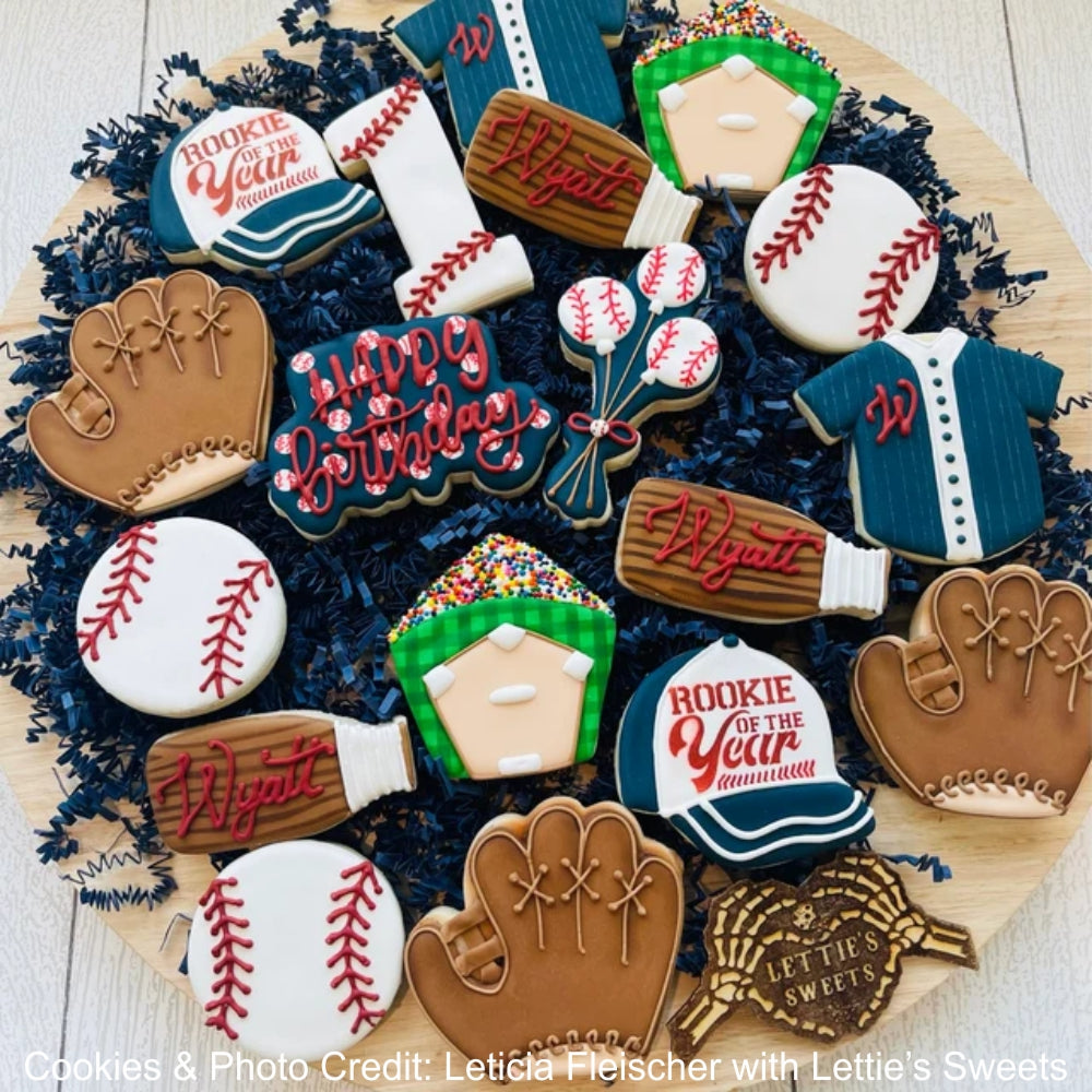 Baseball Messages Cookie Stencil airbrushed onto baseball cookies by Lettie's Sweets