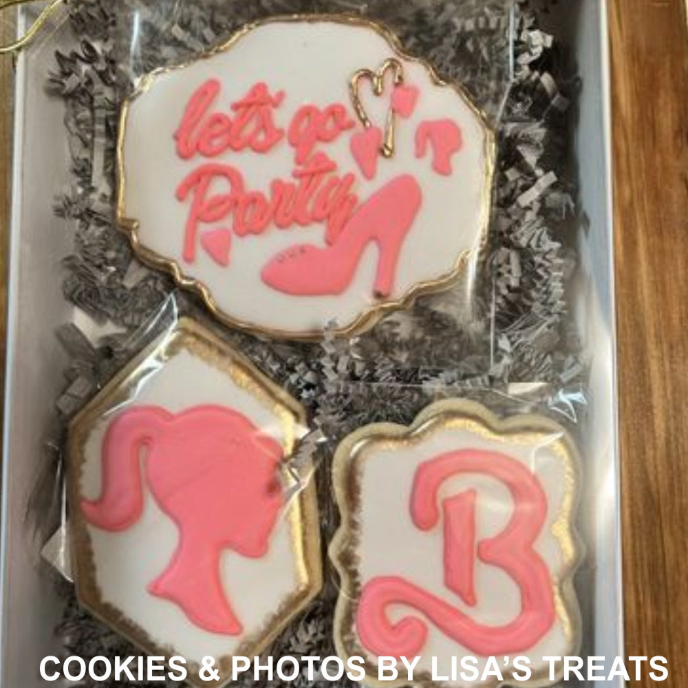 Barbie themed cookies decorated by Lisa's Treats using Let's Go Party Cookie Stencils