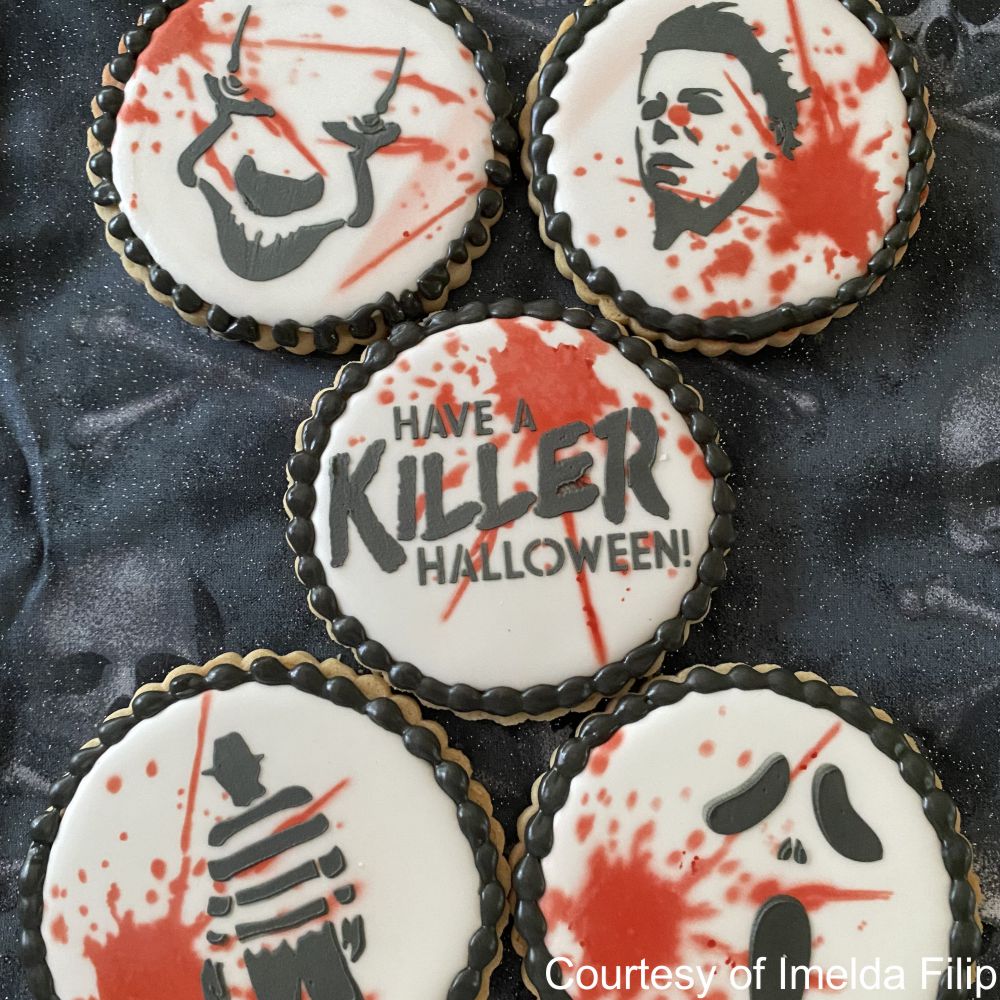 Horror Movie Halloween Cookie Stencils iced onto cookies by Imelda Filip