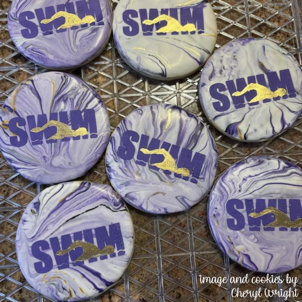Swimmer Messages Cookie Stencil APPLIED TO COOKIES WITH ROYAL ICING - BY CHERYL WRIGHT VIA ETSY