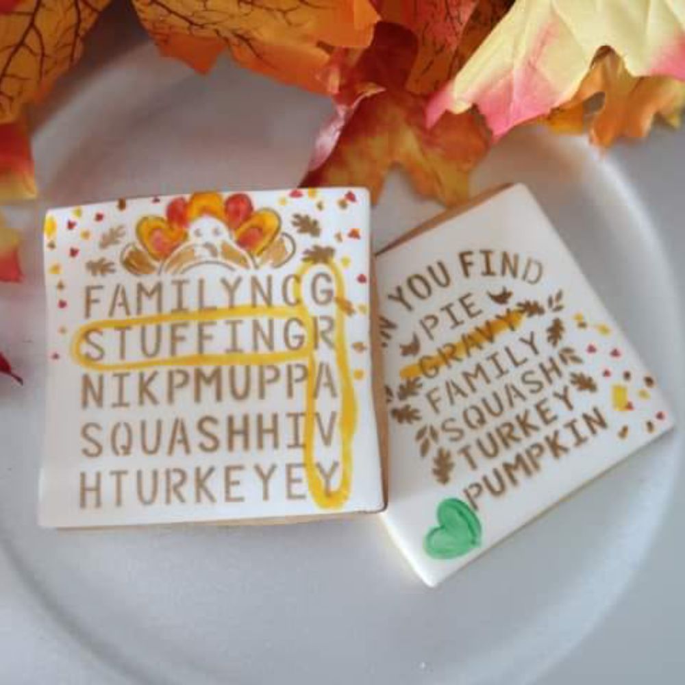 Thanksgiving Word Search Cookie Stencil airbrushed onto cookies by Cassandra Pacovich