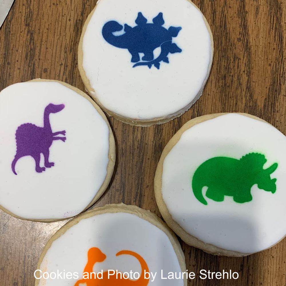 Dinosaurs Cookie Stencil airbrushed onto Round Cookies by Laurie Strehlo