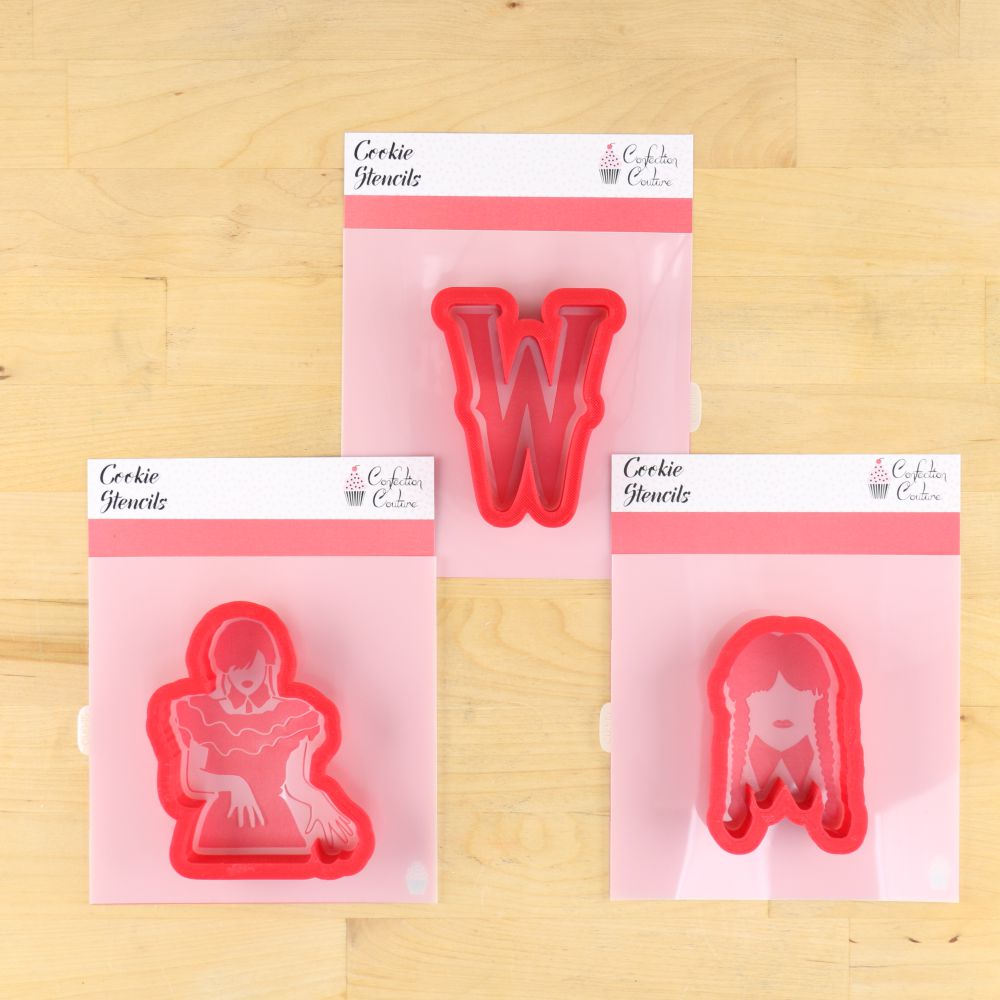 Wednesday Addams Cookie Stencils with matching Wednesday Cookie Cutters