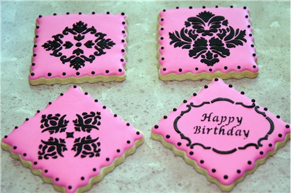 birthday cookies stenciled with Damask Accents Cake and Cookie Stencil by Designer Stencils