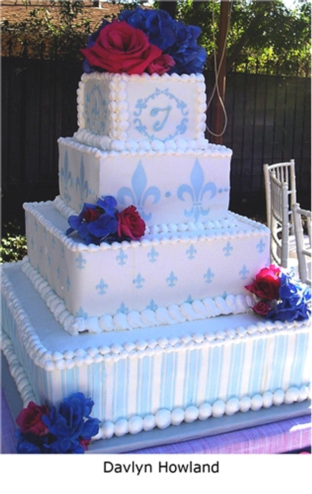 CAKE FOR WEDDING USING Fleur de Lis Allover Print Cake Side Stencil by Designer Stencils