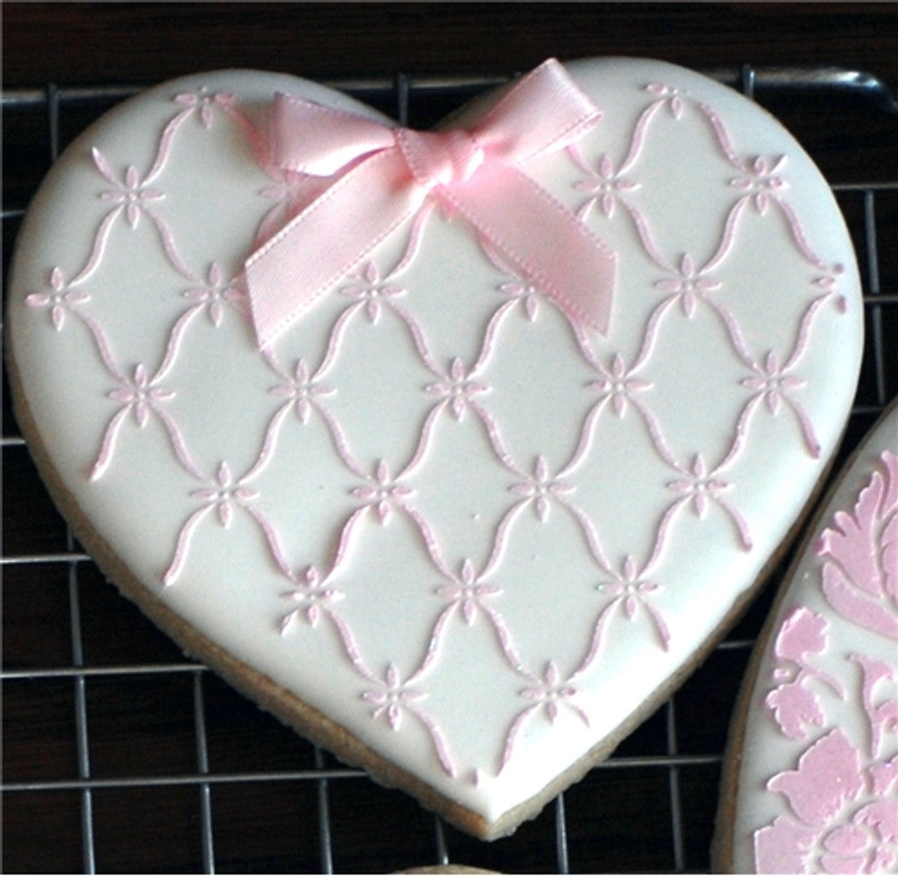 Iced Heart Shaped Cookies using Lattice Cake Stencil by Designer Stencils 