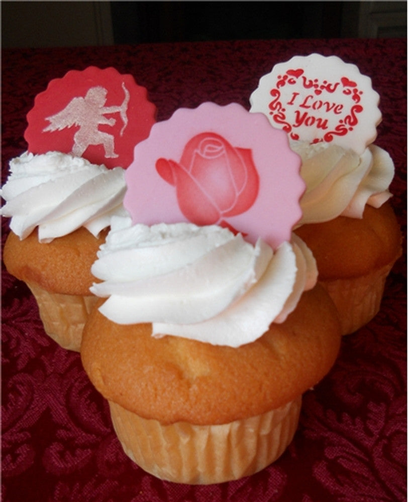 Valentine's Day Cupcakes using I Love You Round Cookie Stencil Set by Designer Stencils