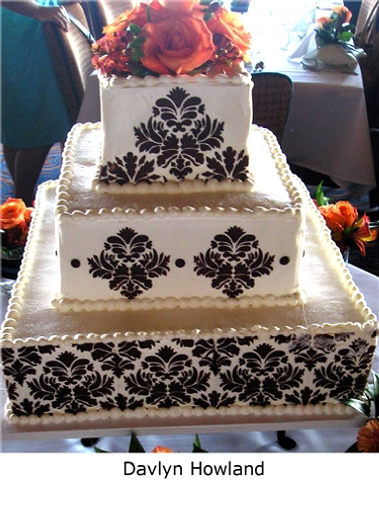 Wedding Cake using Intricate Damask Cake Stencil Side by Designer Stencils