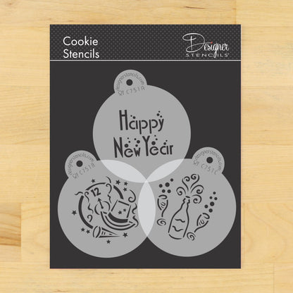 Happy New Year Cookie Round Stencil Set by Designer Stencils in packaging