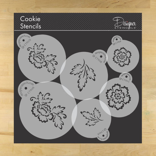 Brush Embroidery Flower Round Cookie Stencil Set by Designer Stencils