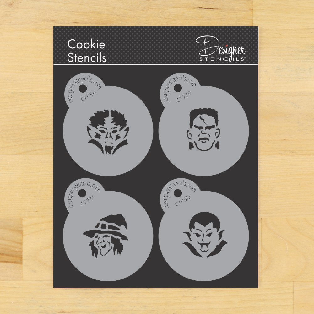 Halloween Monster Faces Round Cookie Stencil Set by Designer Stencils 2 Inch Set