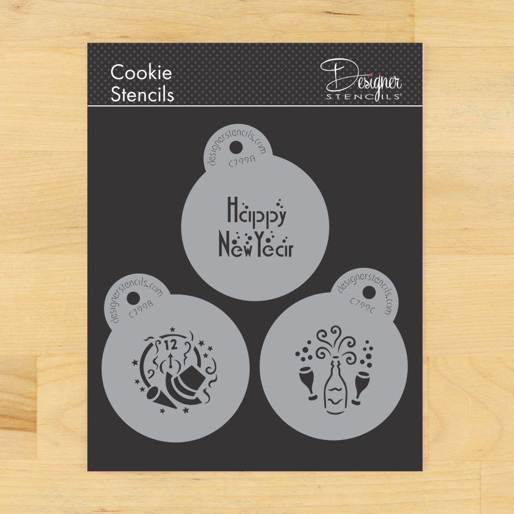 Happy New Year Cookie Round Stencil Set by Designer Stencils 2 Inch Sizes
