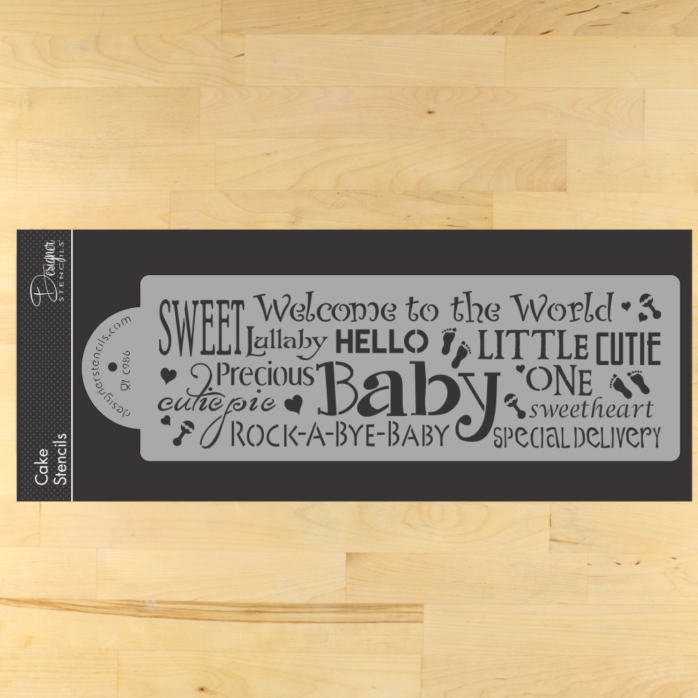 Hello Baby Words Cake Stencil Side by Designer Stencils