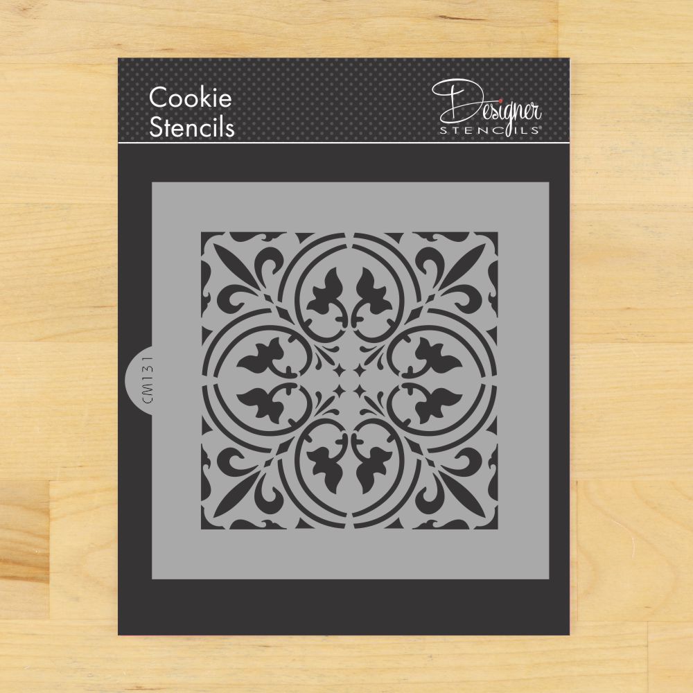 Scroll Tile Cookie Stencil by Designer Stencils - 4 inch in packaging