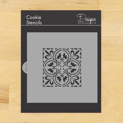 Scroll Tile Cookie Stencil by Designer Stencils - 3 inch in packaging